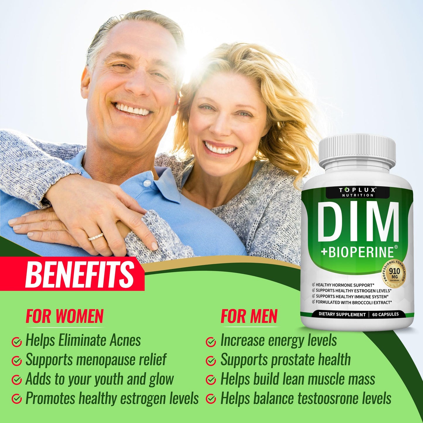 Dim Supplement 910 mg Plus BioPerine Complex - Diindolylmethane to Support Hormone Balance and Estrogen Metabolism, Helps with Menopause Acne PCOS Better Skin Bodybuilding, for Men Women, 60 Capsules