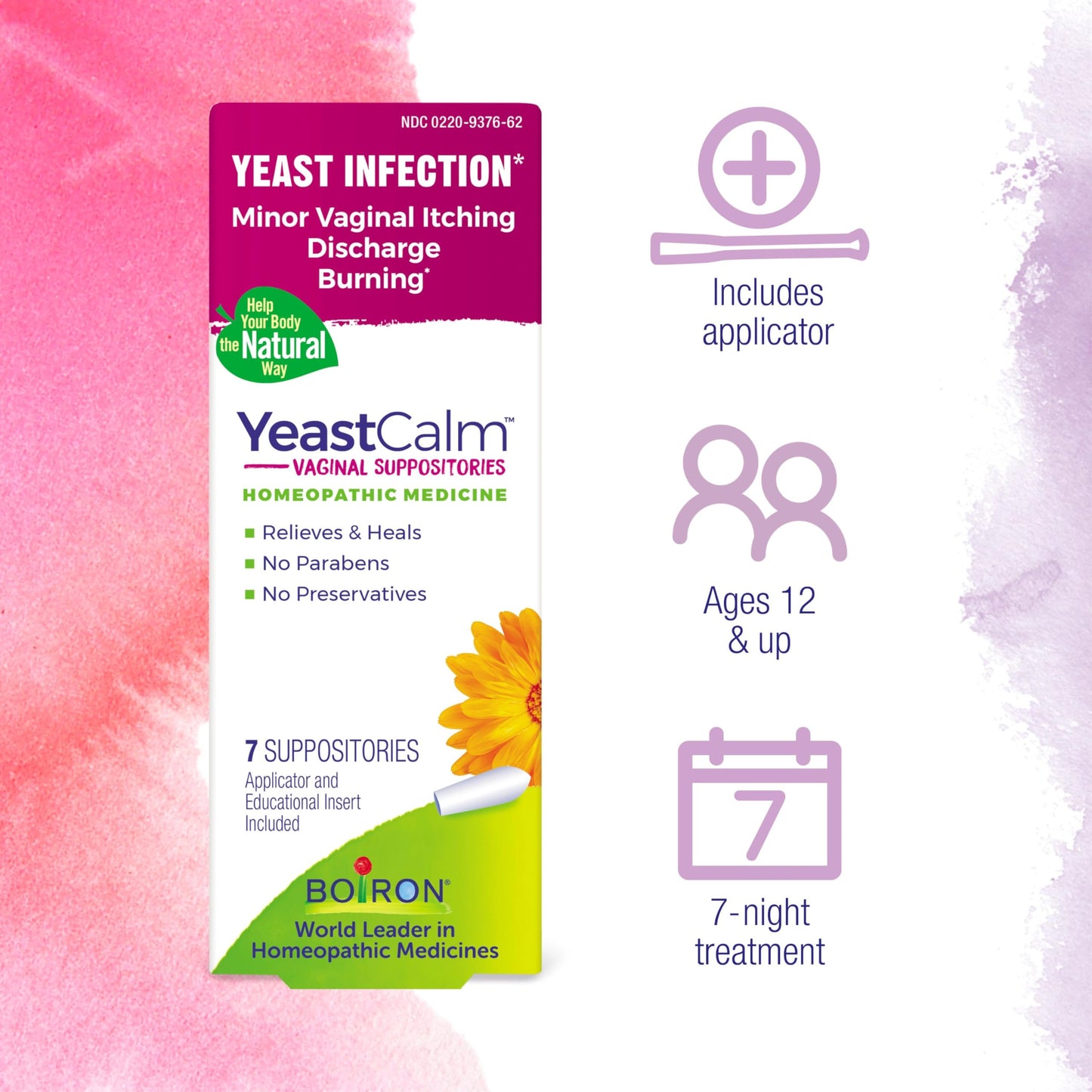 Boiron YeastCalm Homeopathic Suppositories for Yeast Infections, Burning, Discharge, and Minor Vaginal Itching - 7 Count