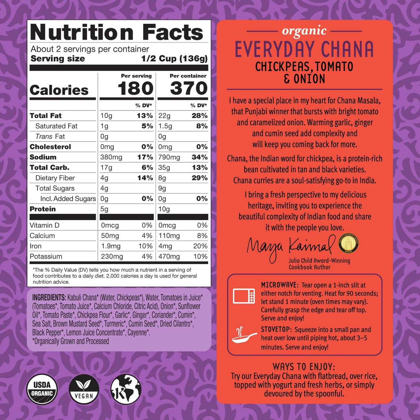 MAYA KAIMAL Organic Everyday Chana with Tomato + Onion, 10 OZ