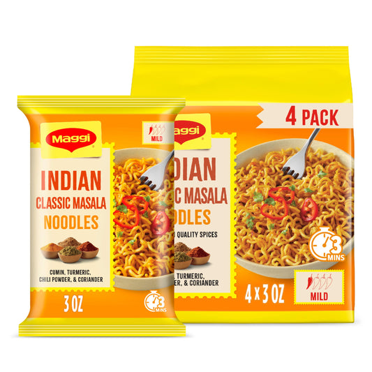 Maggi Classic Indian Masala Noodles, 3 min Indian Noodles, Mildly Spicy, Vegetarian, Halal, Kosher, 4 Pack