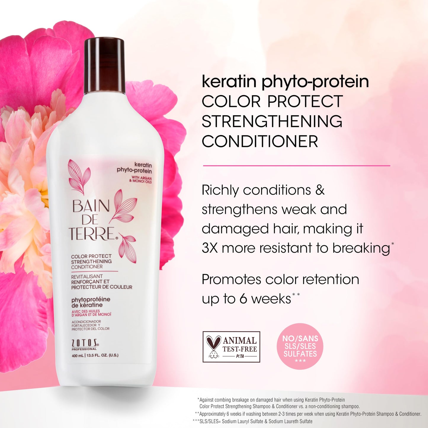 Bain de Terre Keratin Phyto-Protein Color Protect Strengthening Conditioner, Color-Safe Strengthening for Weak & Damaged Hair, Sulfate-Free, Paraben-Free