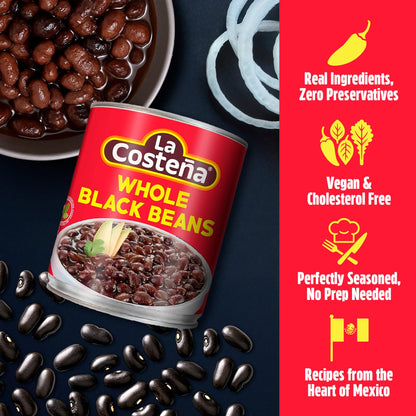 La Costeña Whole Black Beans - Ready-to-Eat Canned Black Beans for Mexican Food, Vegetarian Chili Ingredients, Frijoles Negros, Hummus, Dips, Burgers & Burritos - 19.75 oz, 6 Pack Bulk Canned Food