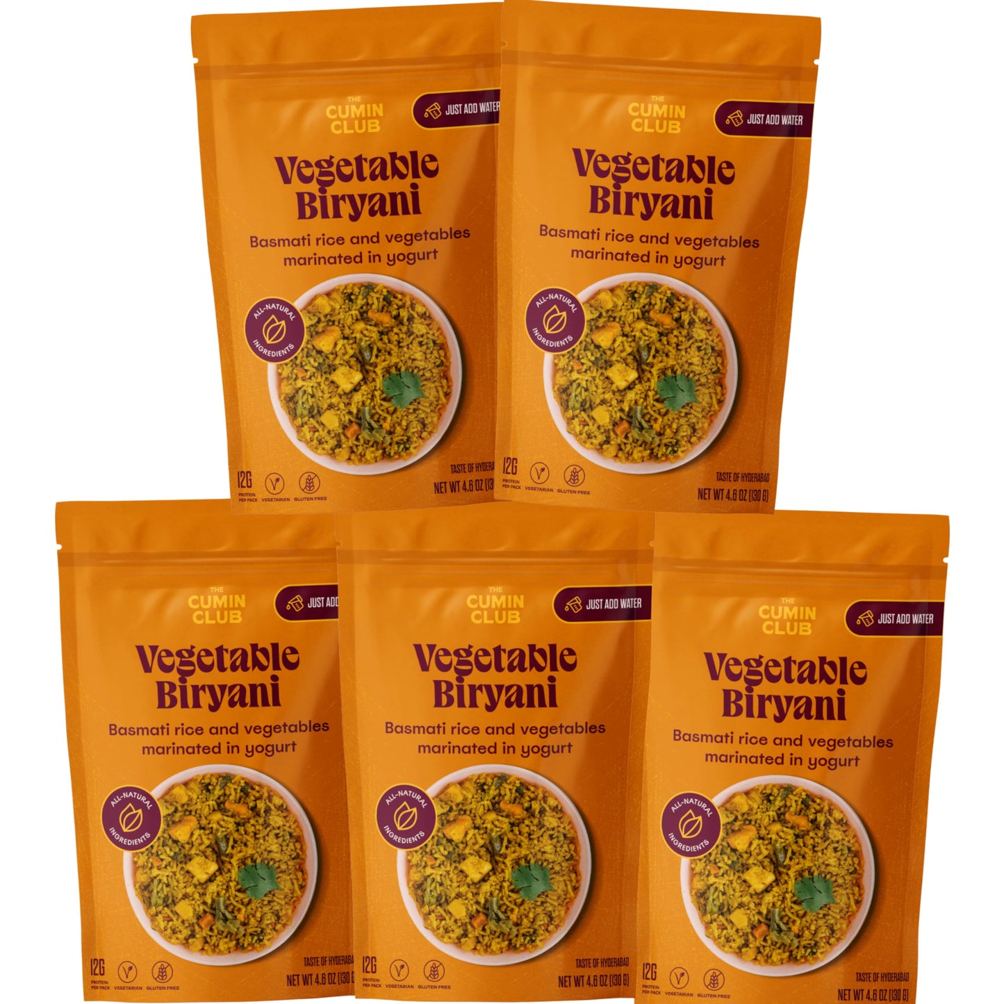 The Cumin Club's Instant Vegetable Biryani – Authentic Indian Rice Meal with Aromatic Spices, Ready to Eat in Just 5 Minutes – Pack of 5 Pouches for Convenient and Delicious Indian Cuisine at Home