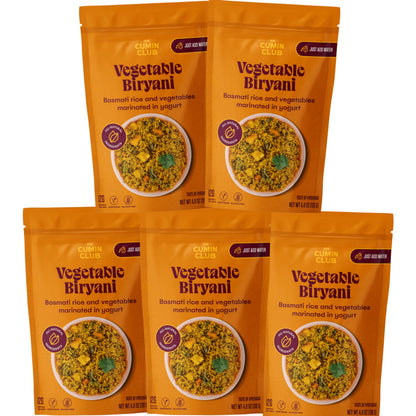 The Cumin Club's Instant Vegetable Biryani – Authentic Indian Rice Meal with Aromatic Spices, Ready to Eat in Just 5 Minutes – Pack of 5 Pouches for Convenient and Delicious Indian Cuisine at Home