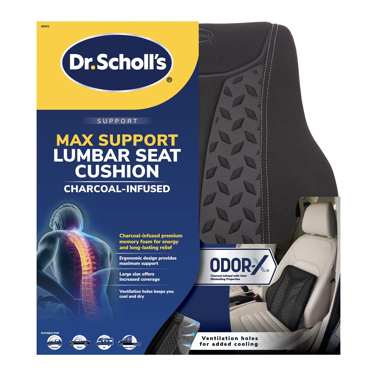 Dr. Scholl's Max Support Charcoal-Infused Lumbar Seat Cushion for Car, Truck, SUV — Black