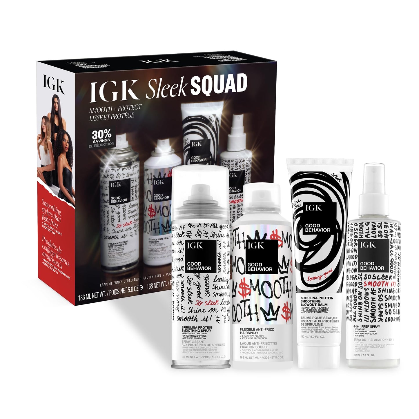 IGK GOOD BEHAVIOR Holiday 2025 Gift Set – Flexible Hairspray 5 oz, Smoothing Spray 5.6 oz, 4-in-1 Prep Spray 7 oz – Anti-Frizz, Heat Protection, Shine & Smooth Finish for All Hair Types