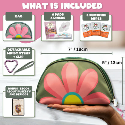 The Bloom First Period Kit for Girls 9-12 – 32 PC Tween Starter Kit with Cute Sanitary Napkin Storage Bag - Portable Waterproof Emergency Pad Pouch, (Pink & Green)