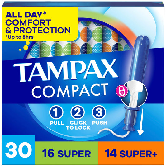 Tampax Compact Pearl Tampons for Women Multipack, with LeakGuard Braid & Extendable Applicator, Super/Super Plus Absorbency, Compact Extendable Applicator, Unscented, 30 Count