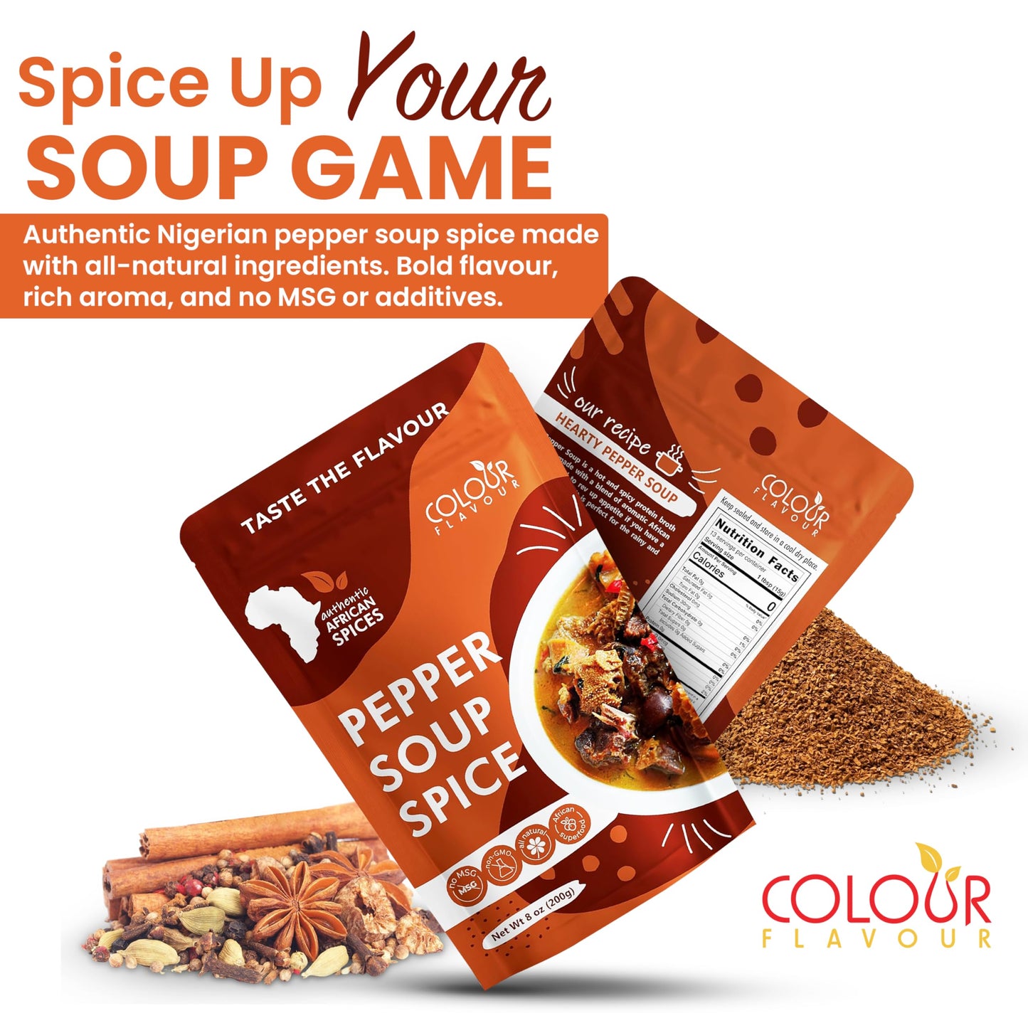 COLOUR FLAVOUR PEPPER SOUP SPICE SEASONING | Soup seasoning | Made from Organic Herbs and Spices | A Unique Blend of Whole Superfoods | No preservatives | No Chaff | No Added Color | All Natural