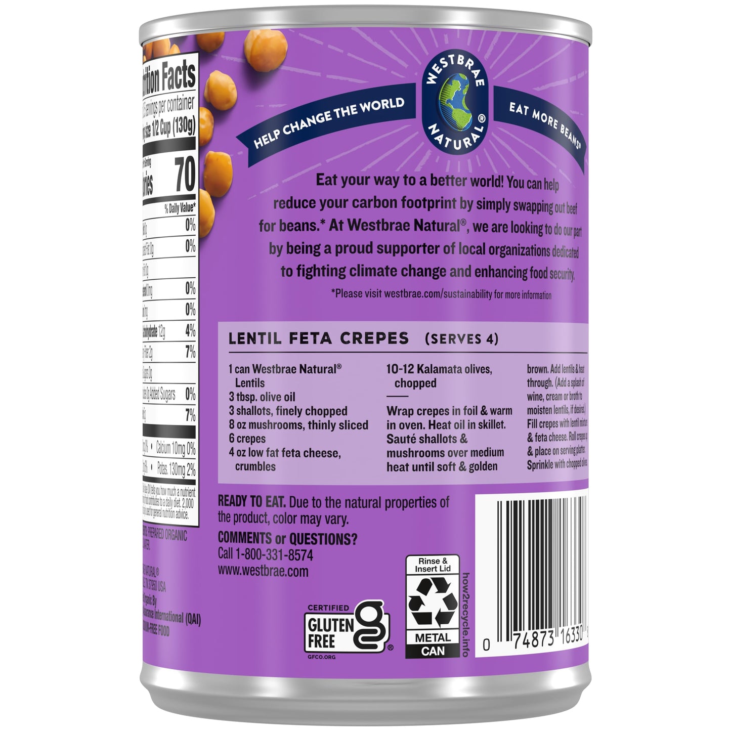 WESTBRAE 15 oz Natural Organic Lentil Beans, No Salt Added, Source of Plant Based Protein and Fiber, Low Fat, Gluten Free, (Pack of 12)