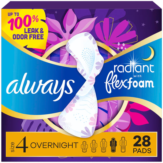 Always Radiant Feminine Pads for Women, Flexfoam Pads with Wings, Size 4, Overnight Absorbency, Lightly Scented, 28 Count