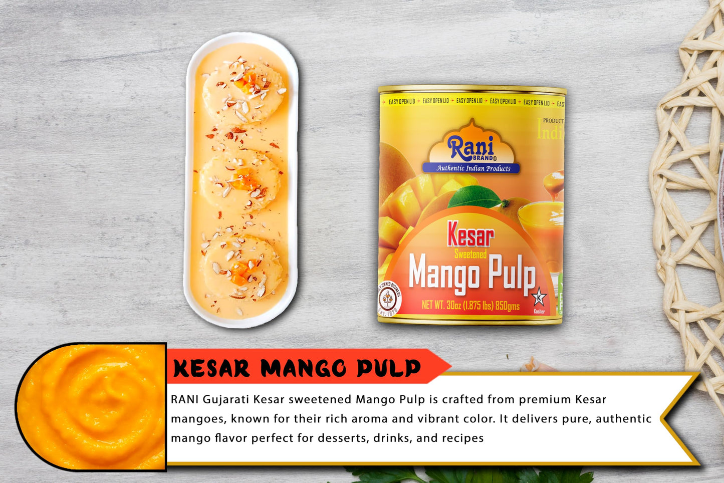 Rani Mango Pulp Puree (Makes Mango Lassi Shakes) Kesar Sweetened 30oz (1.875lbs) 850g Pack of 6 ~ Kosher | All Natural | NON-GMO | Vegan | No colors | Gluten Friendly | Indian Origin