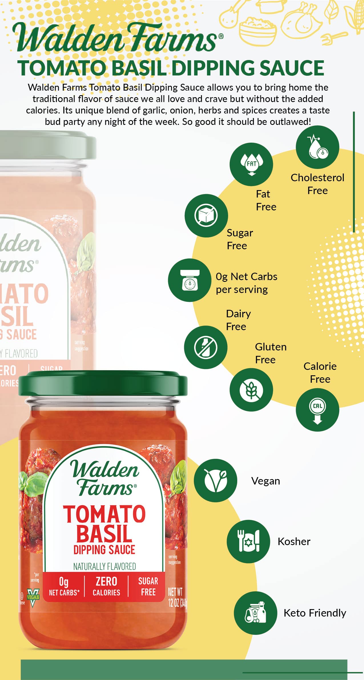 Walden Farms Tomato Basil Pasta Sauce – Zero Calorie, Sugar Free, Keto & No Carb Sauce for Pasta, Veggies & More – 2-Pack, 12 oz Bottles