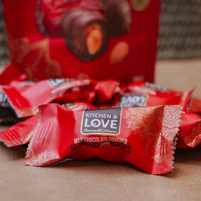 Kitchen & Love Milk Chocolate Covered Almond Stuffed Dates in a Convenient Resealable Pouch, 8 Individually Wrapped Pieces, Healthy Snack, 3.5 oz pouch (Pack of 4)