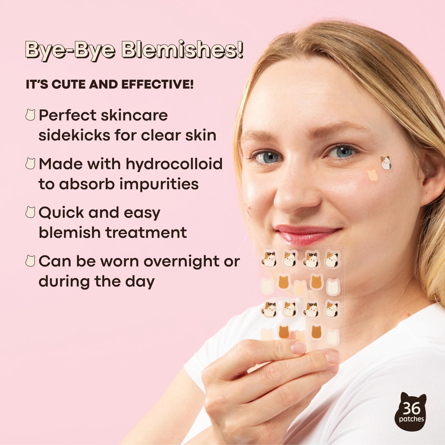 TONYMOLY x Squishmallows Cam the Calico Cat Blemish Patches – Centella Asiatica Hydrocolloid Acne Treatment Stickers for Face – Cute K-Beauty Pimple Patch – 36 Count