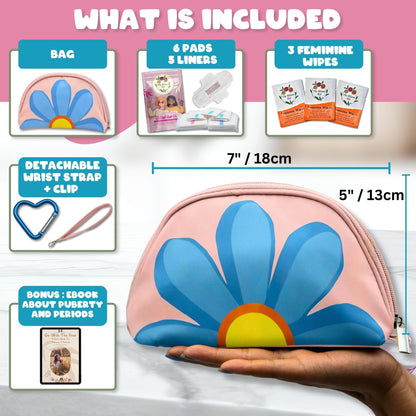 The Bloom First Period Kit for Girls 9-12 – 32 PC Tween Starter Kit with Cute Sanitary Napkin Storage Bag – Portable Waterproof Emergency Pad Pouch (Pink & Blue)