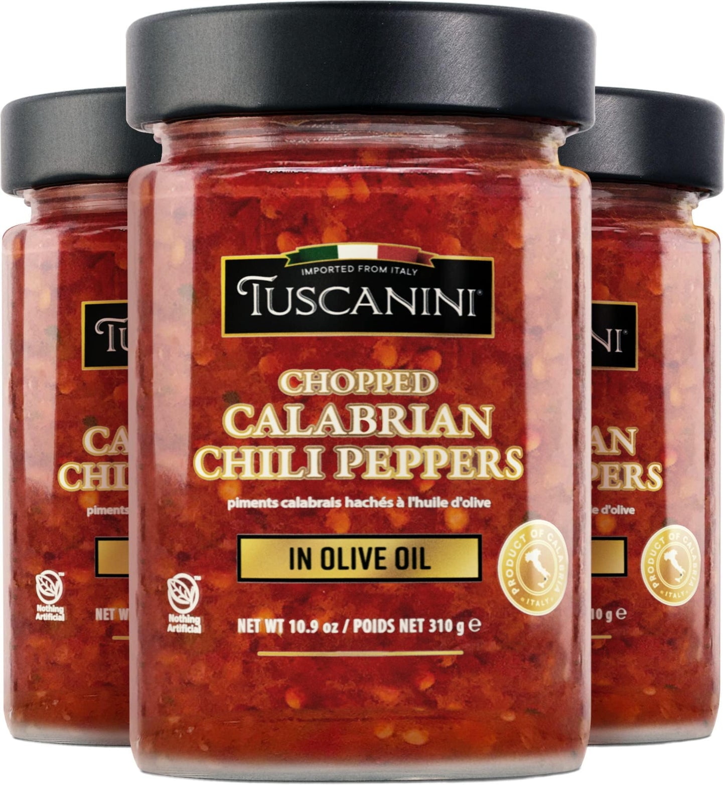 Tuscanini Premium Chopped Calabrian Chili Peppers In Olive Oil, 9.2oz (3 Pack) Just 3 ingredients, All Natural, Nothing Artificial, Product of Italy, Kosher