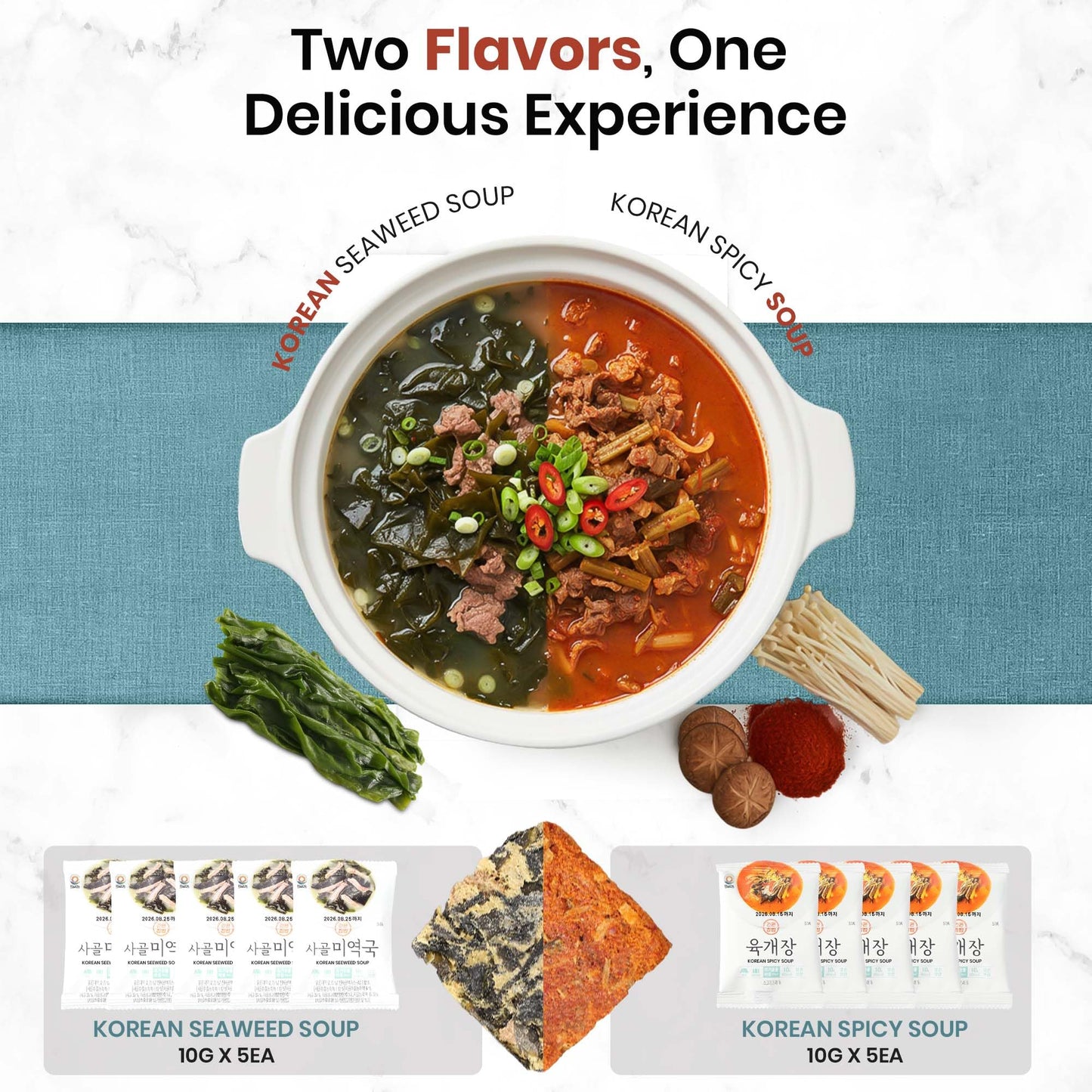 Korean Freeze Dried Instant Soup Multi-Pack (Seaweed Soup 10g × 5ea) + (Korean spicy soup 10g × 5ea) Easy cooking Individual packaging 한국 전통 국, 미역국 Miyeokguk, 육개장 Yukgaejang (10ea (Seaweed 5ea + Spicy 5ea), Multi-Pack (Seaweed / Spicy Soup))
