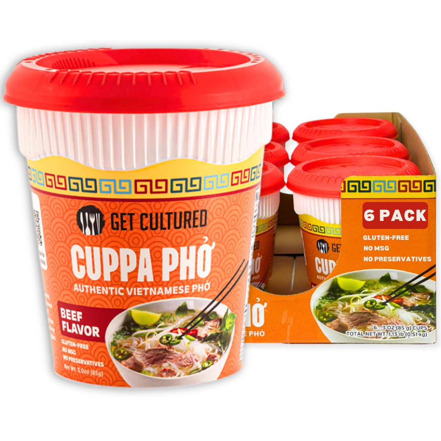 Get Cultured Instant Beef Pho Noodle Soup - Authentic Vietnamese Cuppa Pho with Spices & Dried Herbs | Premium Microwavable Noodle Soup, Gluten Free & Low Sodium 3.0 oz (6-Pack)