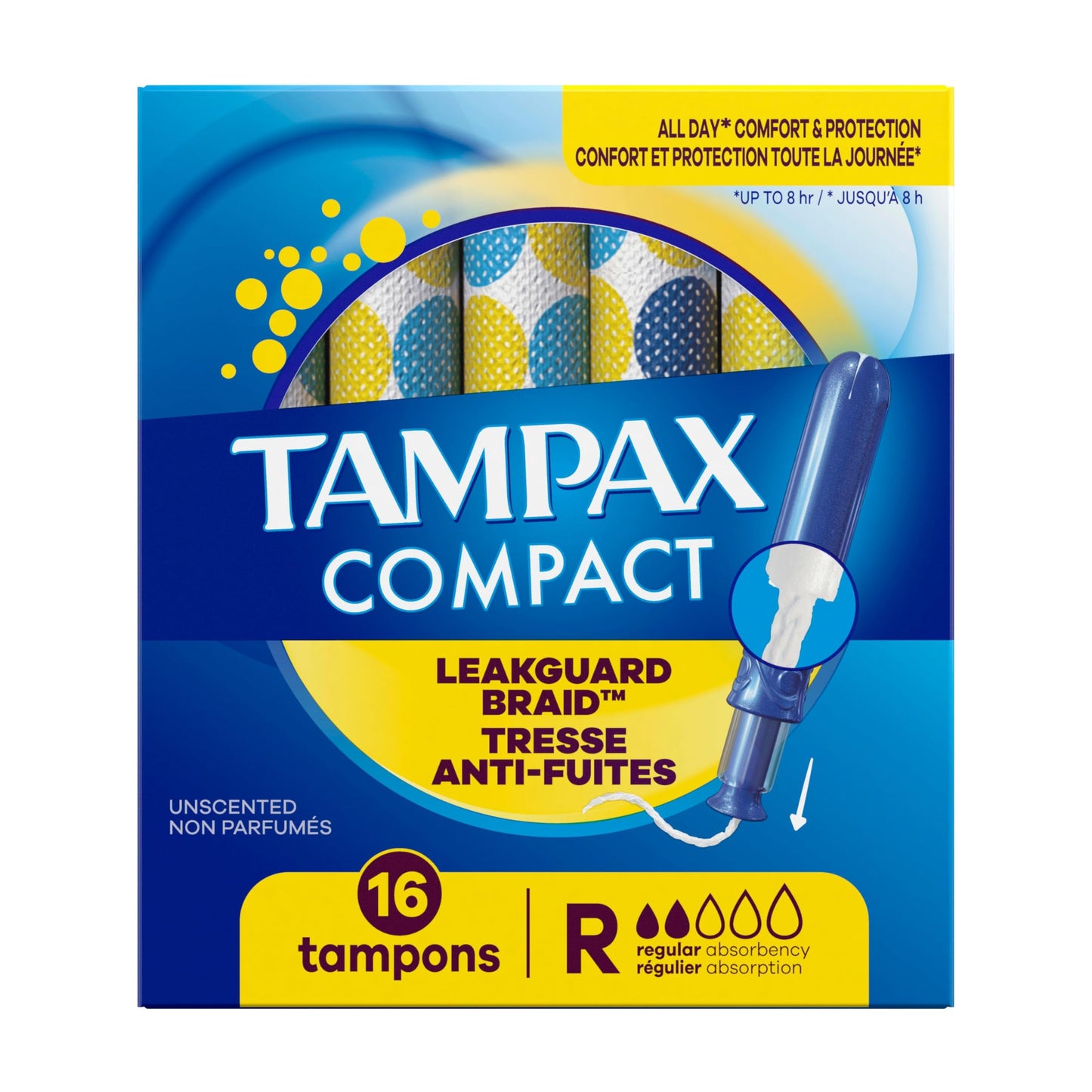 Tampax Compact Pearl Tampons, with LeakGuard Braid & Extendable Applicator, Regular Absorbency, Compact Extendable Applicator, Unscented, 16 Count (Packaging May Vary)