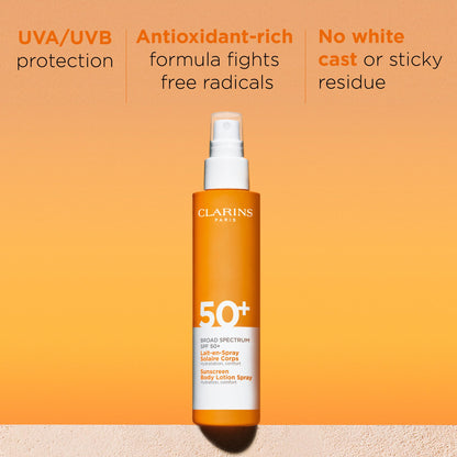 Clarins Body Sunscreen Lotion Spray | Broad Spectrum SPF 50+ | UVA/UVB Protection | Lightweight and No White Cast | Enriched with Antioxidants | All Skin Types, including Sensitive Skin | 5 Ounces