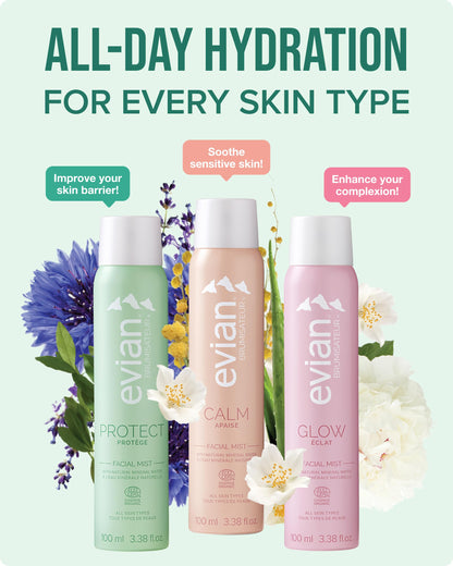 Evian Facial Spray | Glow, Calm & Protect Hydrating Face Mist | Natural Mineral Water with Plant-Based Extracts | 3.38 oz