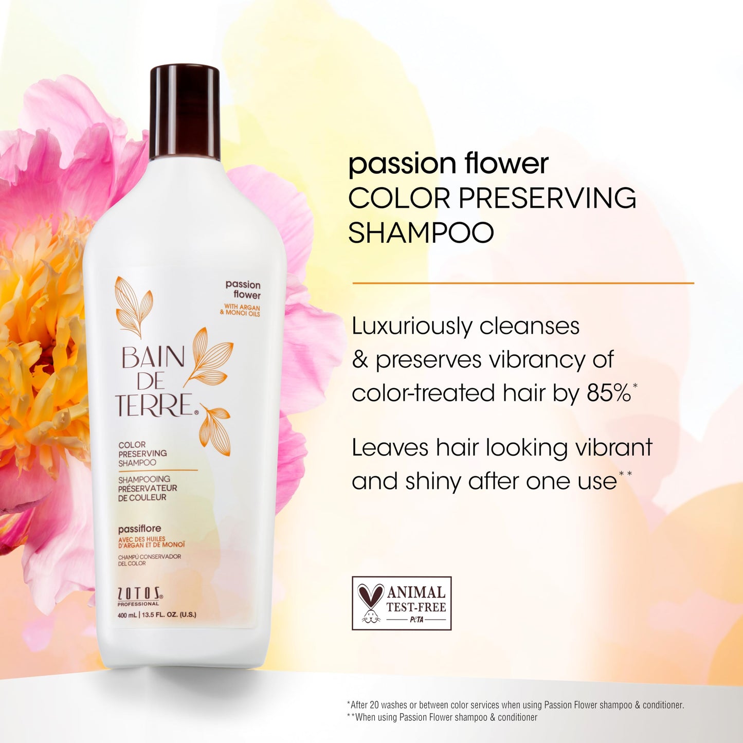 Bain de Terre Passion Flower Color Preserving Shampoo, for Vibrant Color & Protection from Fading, with Argan & Monoi Oils, Paraben-free, Vegan