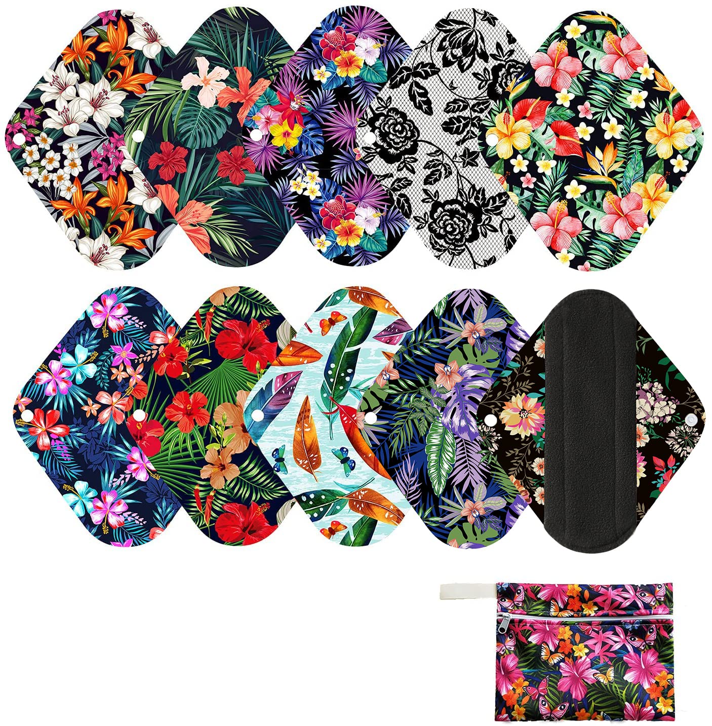 10 Pcs Reusable Menstrual Pad Set Including 1Pc Mini Wet Bag + 9Pcs Light Flow Daily Use Waterproof Mama Cloth Sanitary Napkin Pads Menstrual Pads (Panty Set, Panty Liner Bamboo Charcoal)
