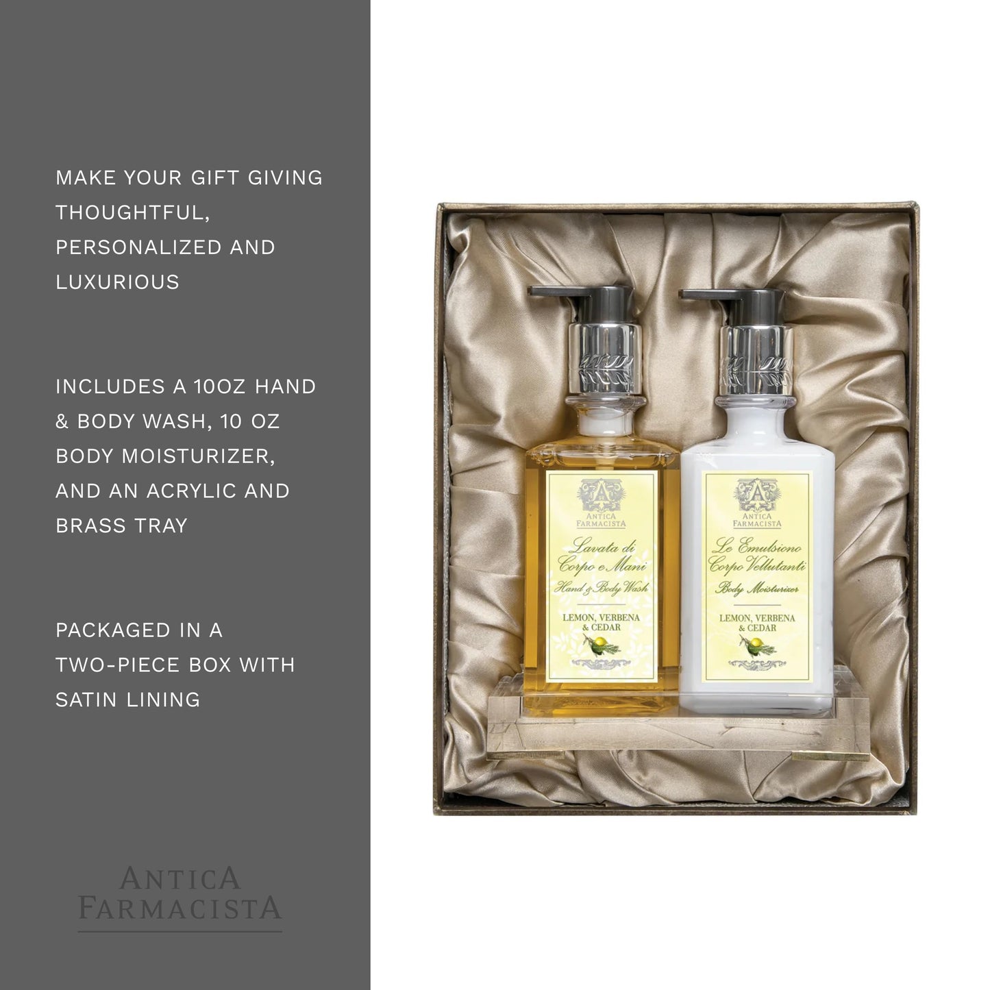 Antica Farmacista Acrylic Bath & Body Gift Set - Hand & Body Wash (10 oz), Body Moisturizer (10 oz) & Acrylic Tray - Self-Care Gift Box for Holidays, Birthdays & Housewarming - Lemon, Verbena & Cedar
