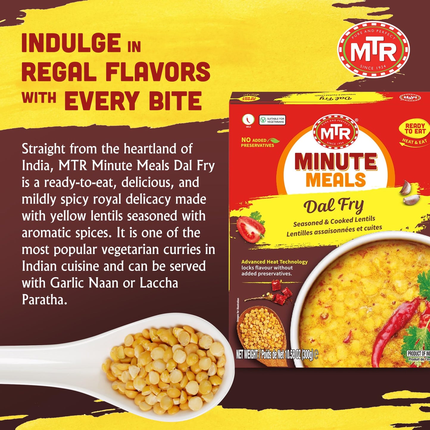 MTR - Minute Meals: Dal Fry - Flavorful Seasoned & Cooked Lentils - Authentic Indian Ready-To-Eat Meal - No Added Preservatives - A Quick Meal Suitable for Vegetarians, Ready in Minutes! (Pack of 6)