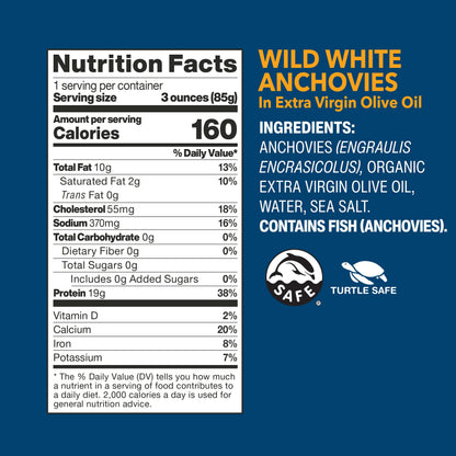 Wild Planet Wild White Anchovies in Extra Virgin Olive Oil, Tinned Fish, 4.4 Ounce, Pack of 12