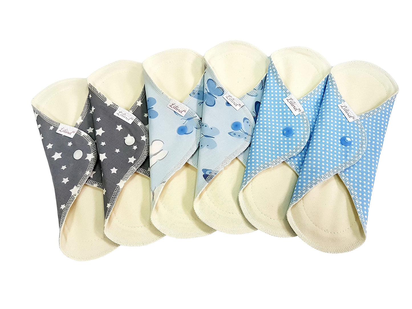 Lilind® 6 Pack Everyday 9" Regular Organic Cloth Pads on Random Color, Reusable Menstrual Sanitary Napkins, 100% Cotton