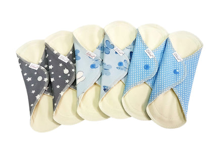 Lilind® 6 Pack Everyday 9" Regular Organic Cloth Pads on Random Color, Reusable Menstrual Sanitary Napkins, 100% Cotton