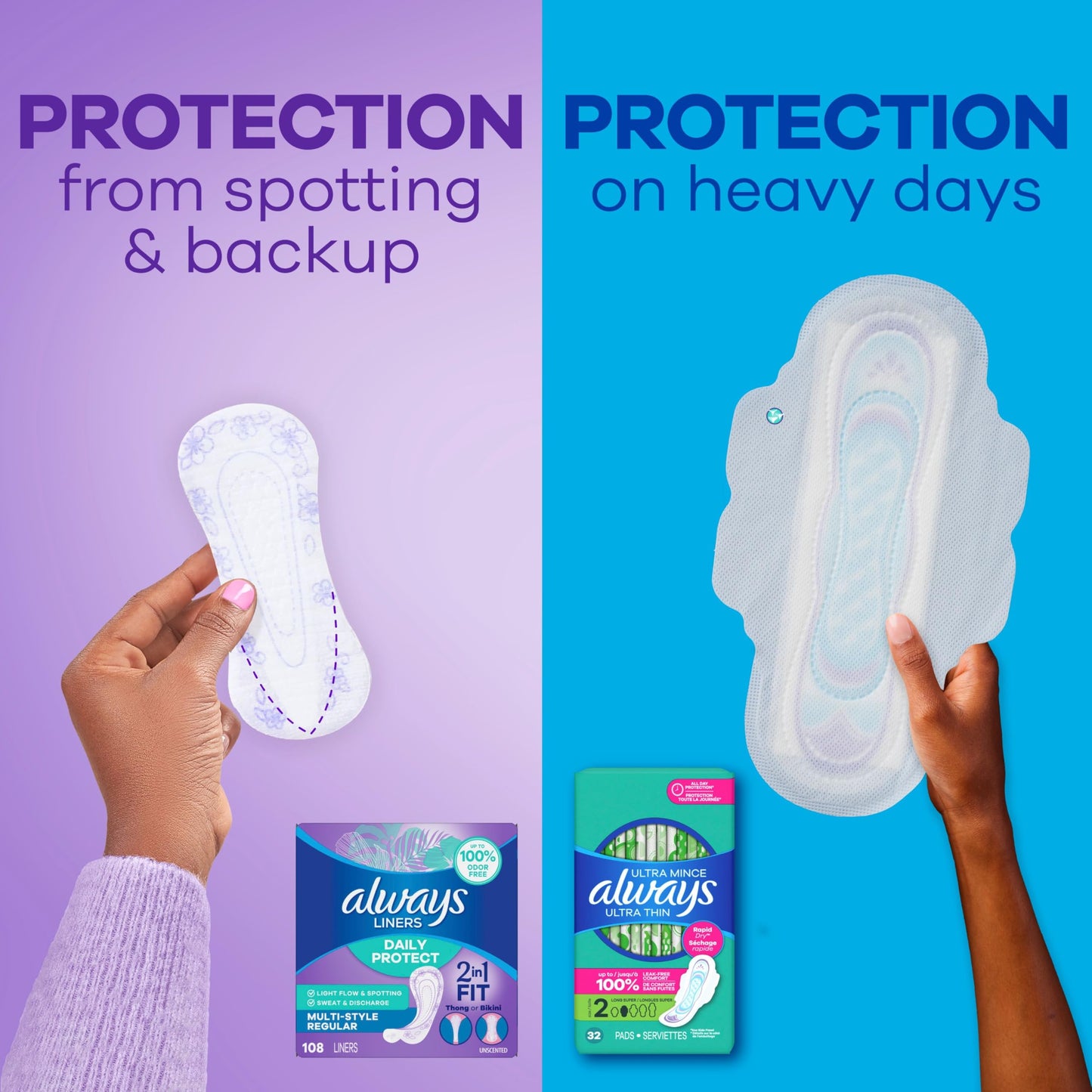 Always Daily Protect Multi-Style Liners, Regular Length, Unscented Panty Liners, Up to 100% Odor Free and Fragrance Free, Cleanguard Quilted Core Absorbs Wetness and Odors, 108 Count