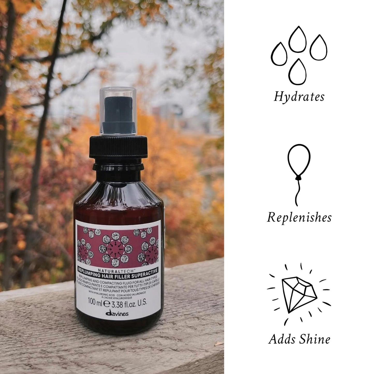 Davines Naturaltech Replumping Hair Filler Superactive, Moisturizing for Fine Hair Lacking Elasticity - With Plum Phytoceuticals - Thickens & Plumps Hair, Travel Size, 3.38 Fl Oz