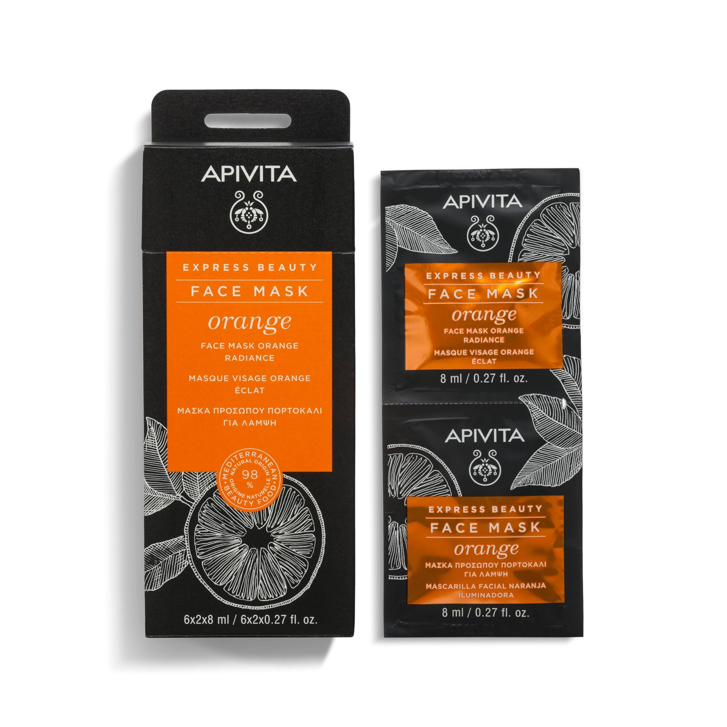 APIVITA Express Beauty Orange Face Mask | Radiance & Smoothing with Orange Stem Cells for All Skin Types, (12 x 8 mL / 12 x 0.27 oz), 12 masks