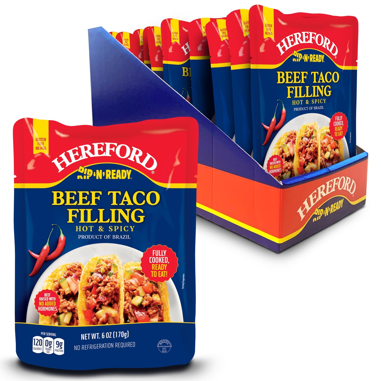 Hereford Beef Taco Filling - Hot & Spicy | Shelf Stable | Halal | Fully Cooked | Ready-to-Eat | 9g of Protein per Serving | 6oz per Pouch (Case of 12)