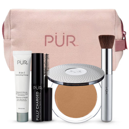 PÜR Minerals Multitasking Essentials Kit - Makeup Gift Set Includes 4-in-1 Correcting Primer, Fully Charged Mascara, 4-in-1 Pressed Mineral Powder & 1 Chisel Brush