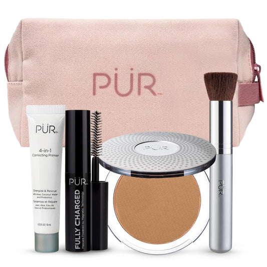 PÜR Minerals Multitasking Essentials Kit - Makeup Gift Set Includes 4-in-1 Correcting Primer, Fully Charged Mascara, 4-in-1 Pressed Mineral Powder & 1 Chisel Brush