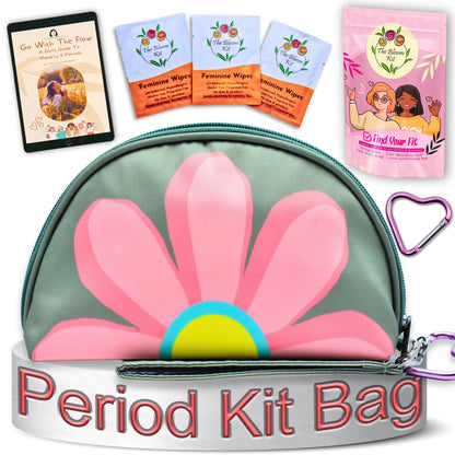 The Bloom First Period Kit for Girls 9-12 – 32 PC Tween Starter Kit with Cute Sanitary Napkin Storage Bag - Portable Waterproof Emergency Pad Pouch, (Pink & Green)