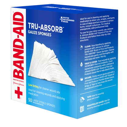 BAND-AID Brand First Aid Products Tru-Absorb Sterile Gauze Sponges for Cleaning and Cushioning Minor Wounds, Cuts & Burns, Low-Lint Design, Individually Wrapped 4 in by 4 in Pads
