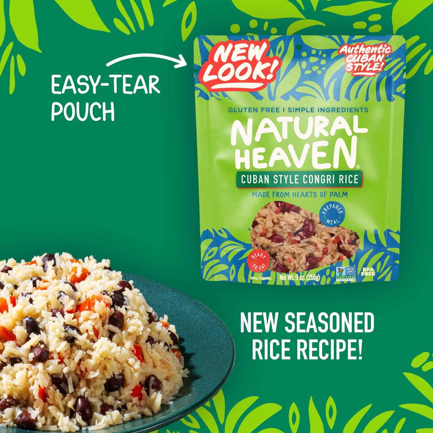 Natural Heaven Hearts of Palm Cuban Style Congri Rice, Ready & Seasoned 3-Pack – Prepared Meals, New Recipe, Vegan Food, 9 Oz Pouches