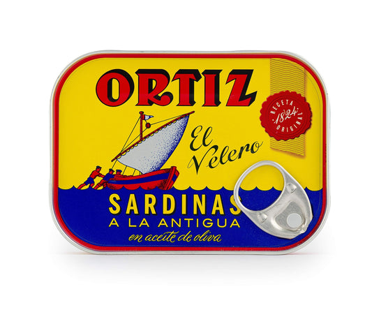 Ortiz Sardines A la Antiqua 'Old Style', Moist and Tender, Wild Caught in Spain and Hand-Packed in Premium Extra Virgin Olive Oil, Enjoy in Salads, Sandwiches and on Toast, 4.9oz Can (Pack of 2)