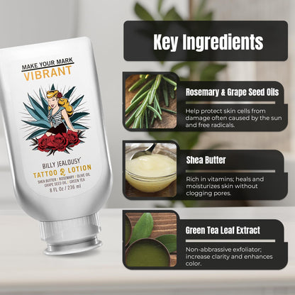 Billy Jealousy Tattoo Lotion for All Skin Types Formulated with Shea Butter, Essential Oils & Green Tea Leaf Extract, Tattoo Aftercare that Nourishes, Brightens & Soothes