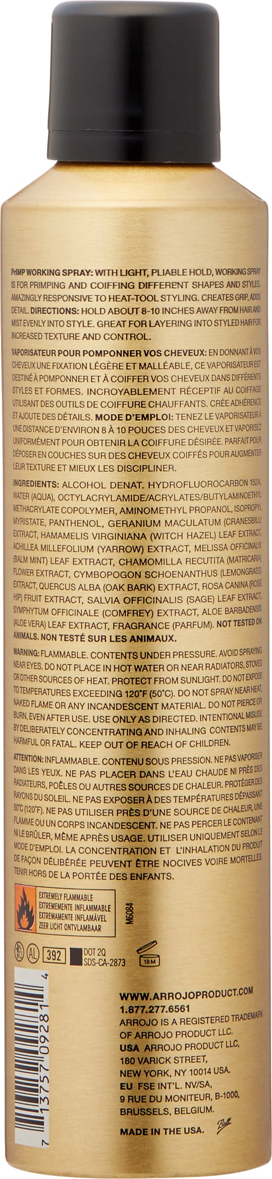 ARROJO Primp Working Spray for Hair - Fast Drying Hair Spray, Humidity Defense Hair Styling Working Spray - Adds Shine & Hold - Conditioning Grip Spray - Primping & Coiffing Heat Styling Spray