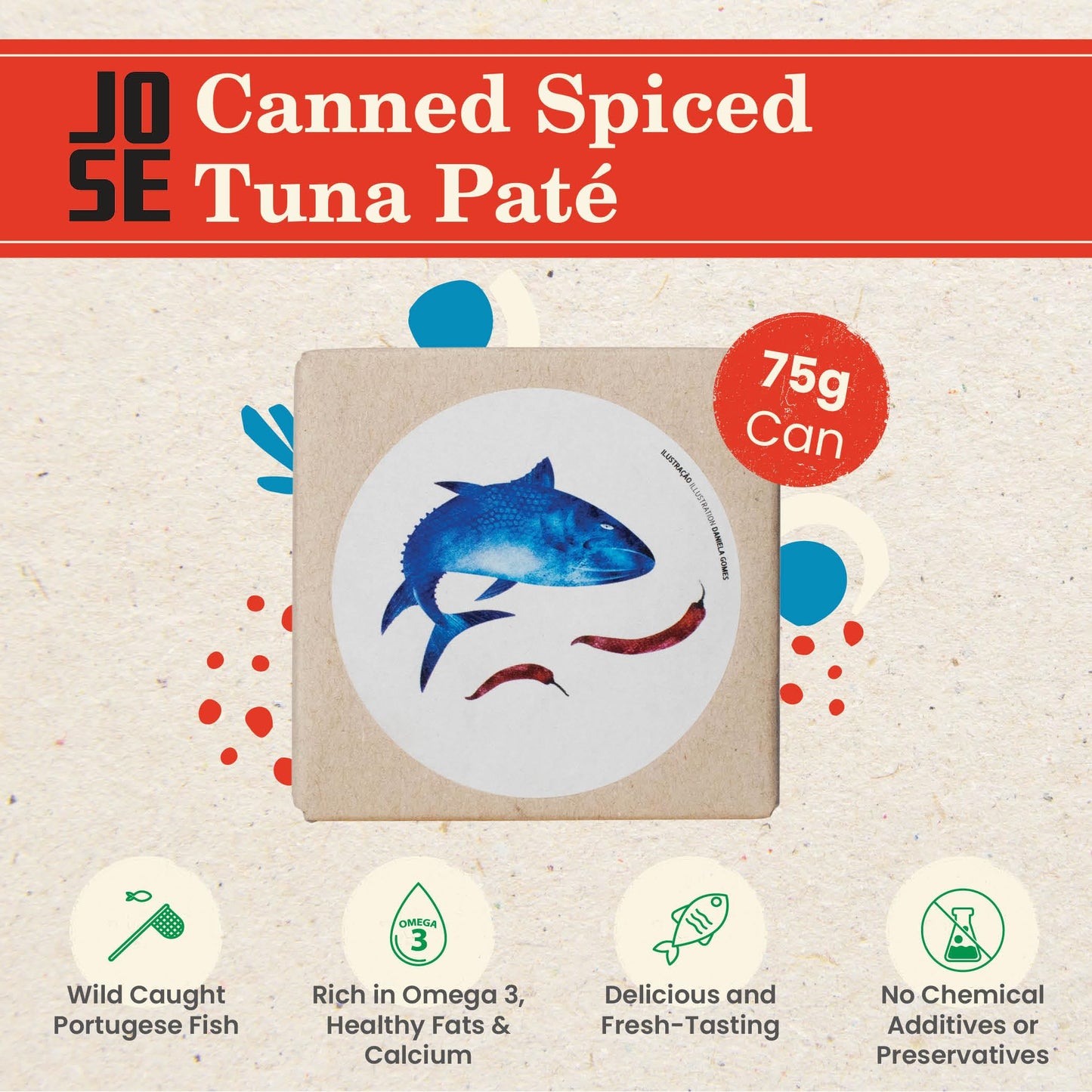 Canned Spiced Tuna Paté by Jose Gourmet, Wild Caught Portuguese Tuna, Tinned Fish Paté, High Protein Sustainable Seafood Snacks, Omega 3, Fair Trade, 75g Can