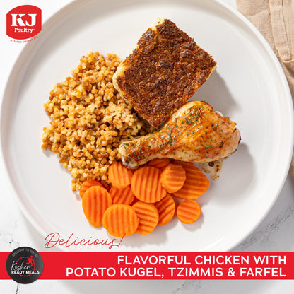 KJ Poultry Kosher Ready Meals - Bone In Chicken & Kugel, MRE Meat Meals Ready to Eat, Shabbos Food, Halal, (1 Pack) Prepared Entree Fully Cooked, Shelf Stable Microwave Dinner Travel Military Camping