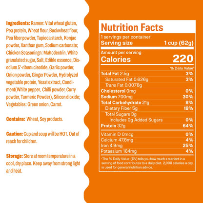 Hethstia Protein Ramen, Chicken Flavor Pre-Packaged Ramen Soup Cup, 6-Pack Instant High-Protein Noodles with 32g Plant Protein, Vegan, Low Fat, Air-Dried, Non-GMO, Healthy Quick Meal