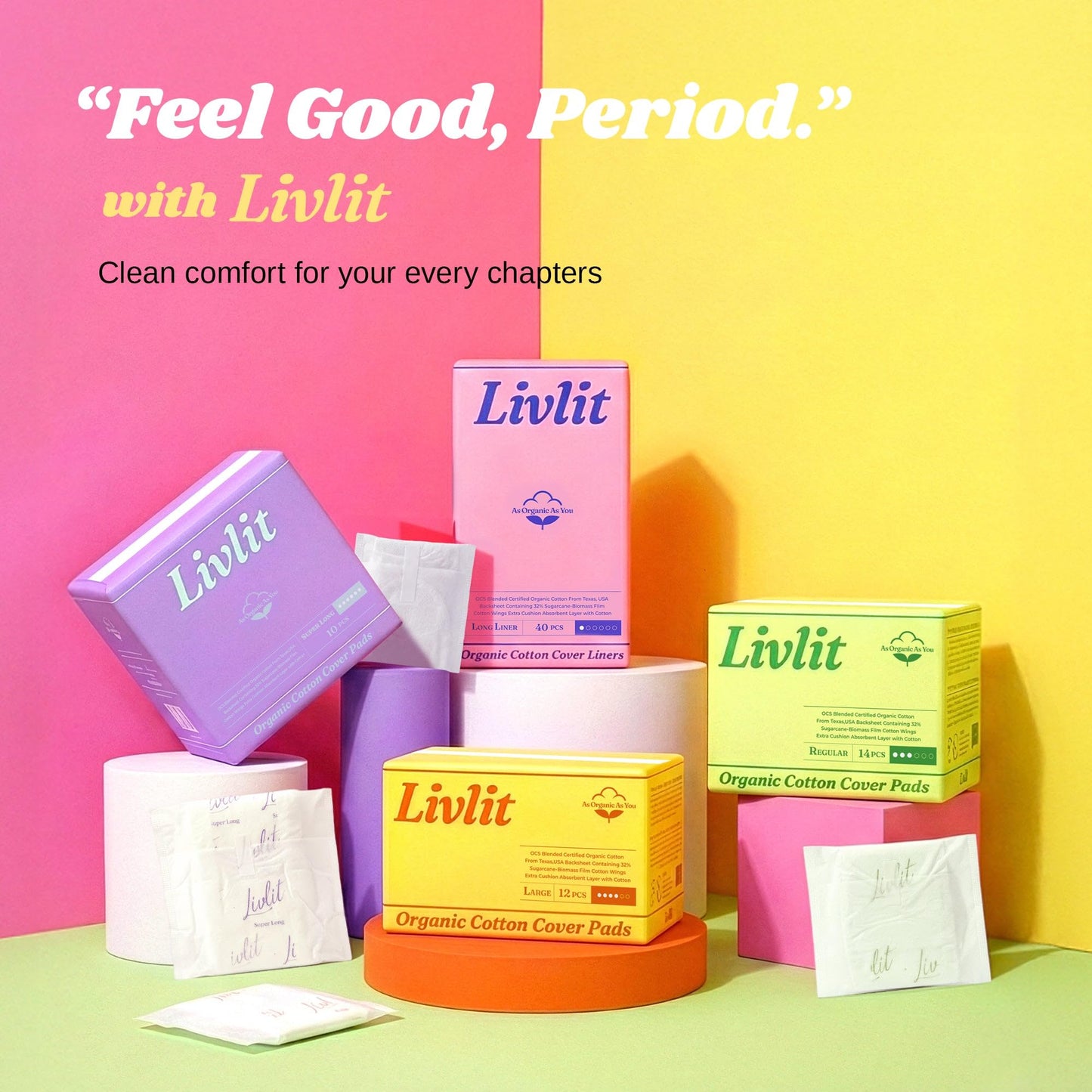 Livlit Organic Cotton Sanitary Pad Bundle – Regular Pads 14pcs + Large Pads 12pcs, Chlorine Free, Unscented, Ultra Absorbent Period Care