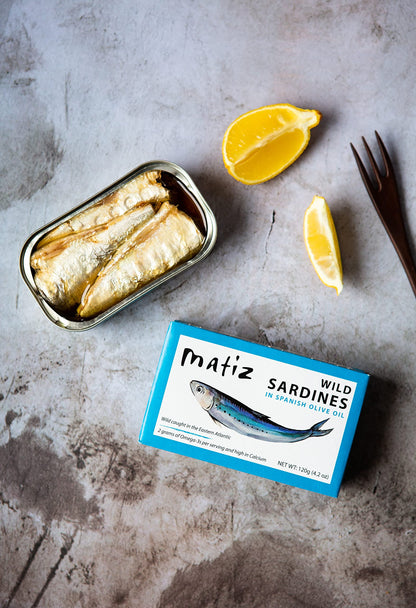 Matiz Sardines in Olive Oil, 4.2 Ounce Can (Pack of 5) Spanish Gourmet Wild Caught Natural Fish for Tapas, Snacks, or Meals, Protein Rich, Sealed Freshness